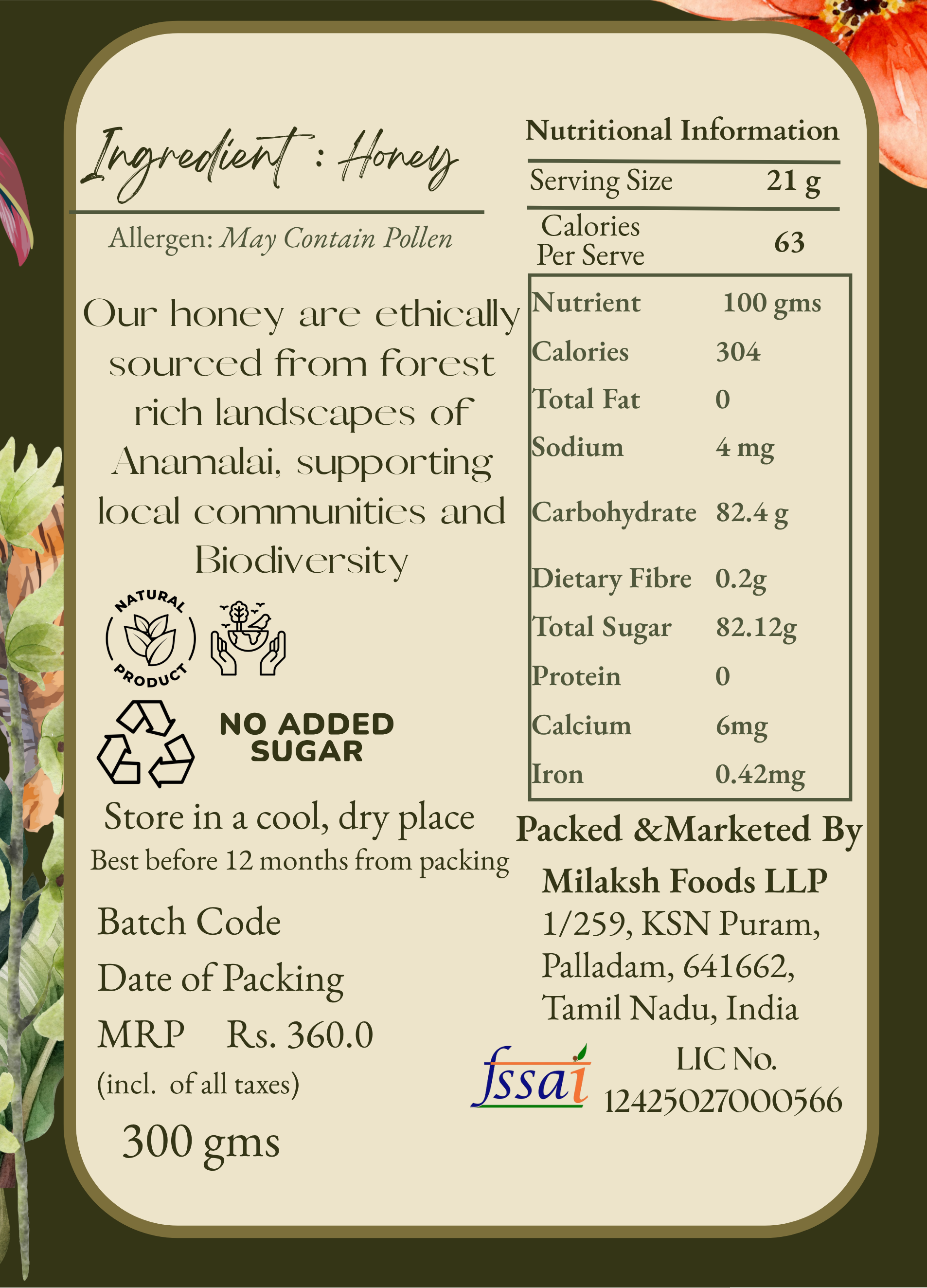 Natural Honey 300 gms Anamalai Region