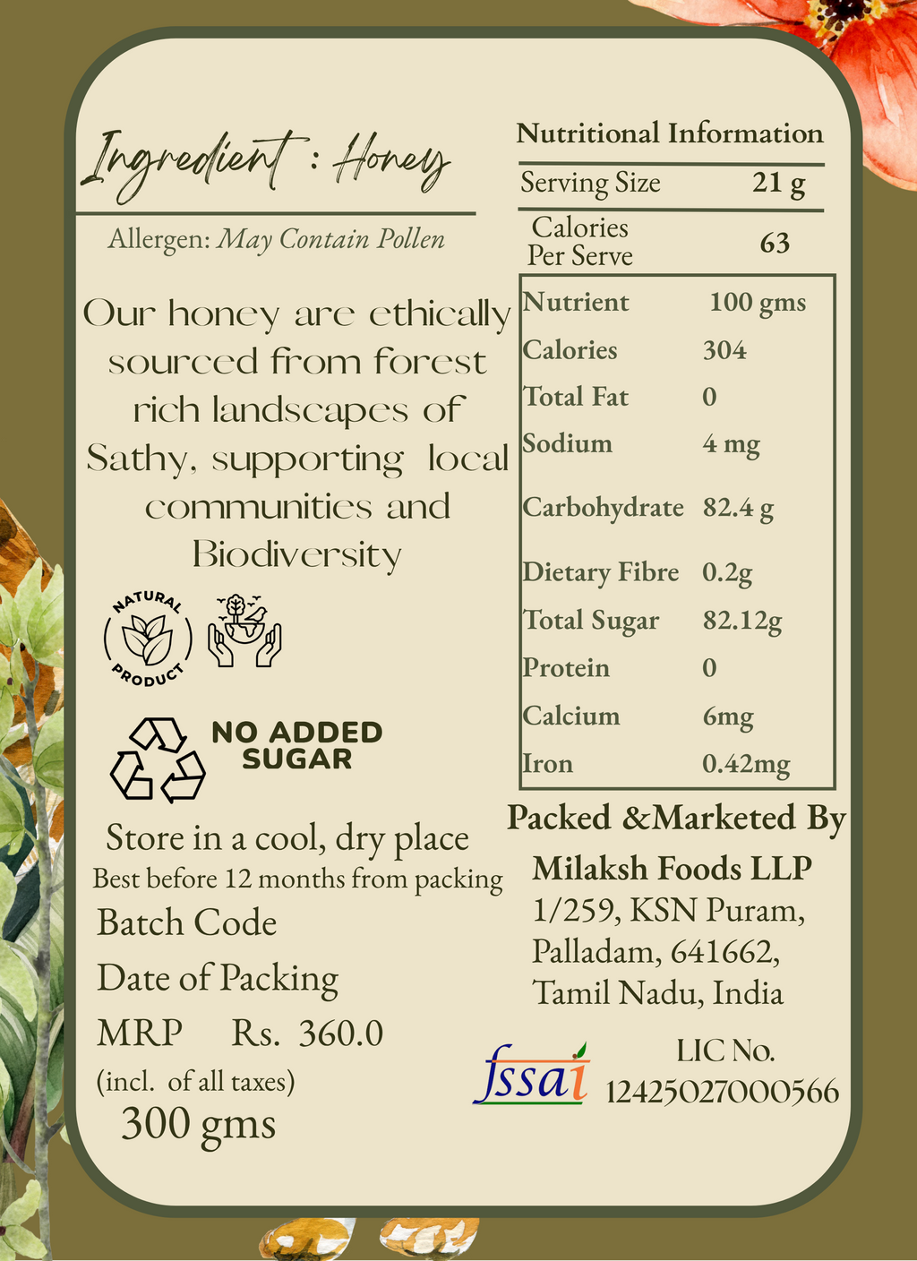 Natural Honey 300 gms Sathyamangalam Region